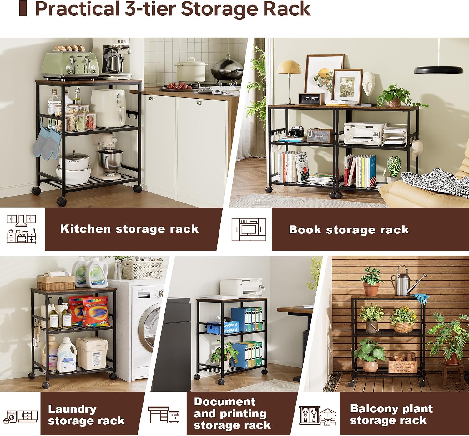 itchen Rolling Cart, 3-Tier Microwave Stand with Lockable Wheels, One-Piece Shelf, Kitchen Utility Storage Cart for Coffee Bar,Apartment, Dorm, Laundry Room, Office, 23.6" x 15.7" x 27.6", Brown