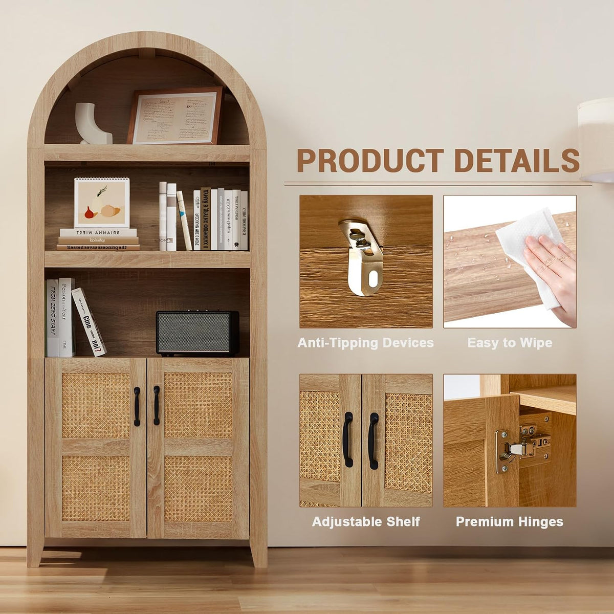 Arched Pantry Cabinet, 71" Kitchen Pantry Cabinet with Adjustable Shelf, Wood Storage Cabinets Anti-Tipping, Farmhouse for Living Room, Dining Room (Rattan Natural)