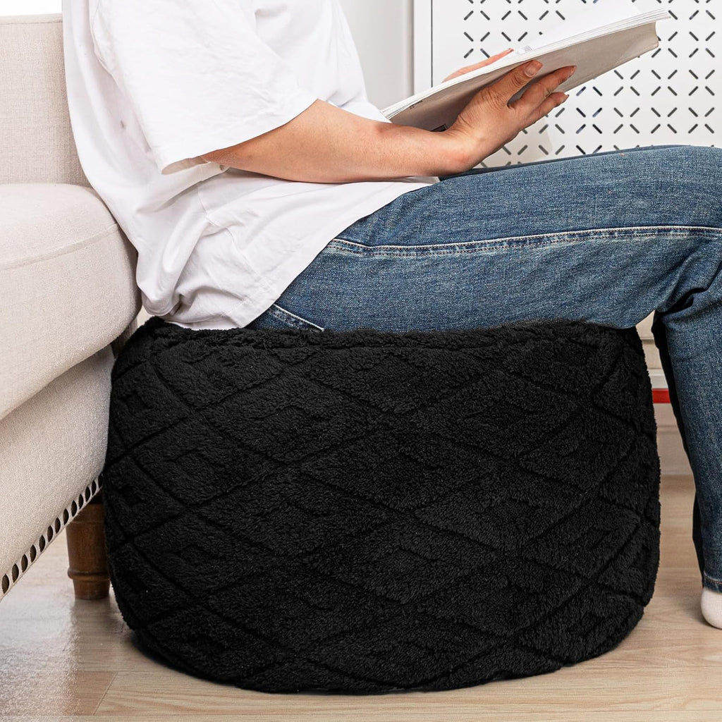 Round Ottoman Pouf,Foot Stools Ottoman,Foot Rest,Black,20x20x14In | All-in-One Foam Pouf,Ottoman Coffee Table,Couch Footrest,Footrest for Chair,Remov. Cover,Perfect for Living Room,Bedroom Dorm