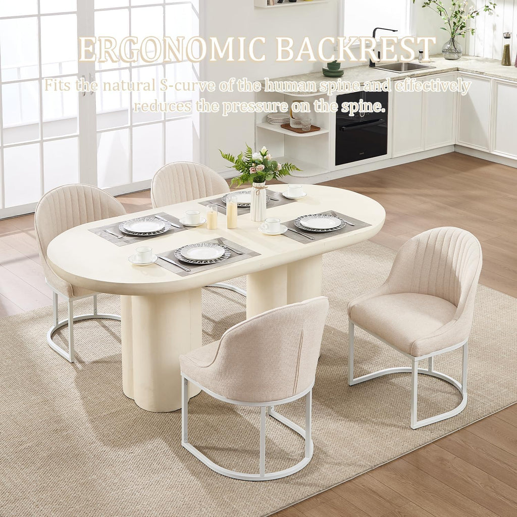 Linen Dining Chair Set of 4, Modern Upholstered Kitchen Chair with White Metal Legs, Kitchen & Dining Room Chairs for Restaurant/Bedroom/Living Room (Beige+White, Set of 4)