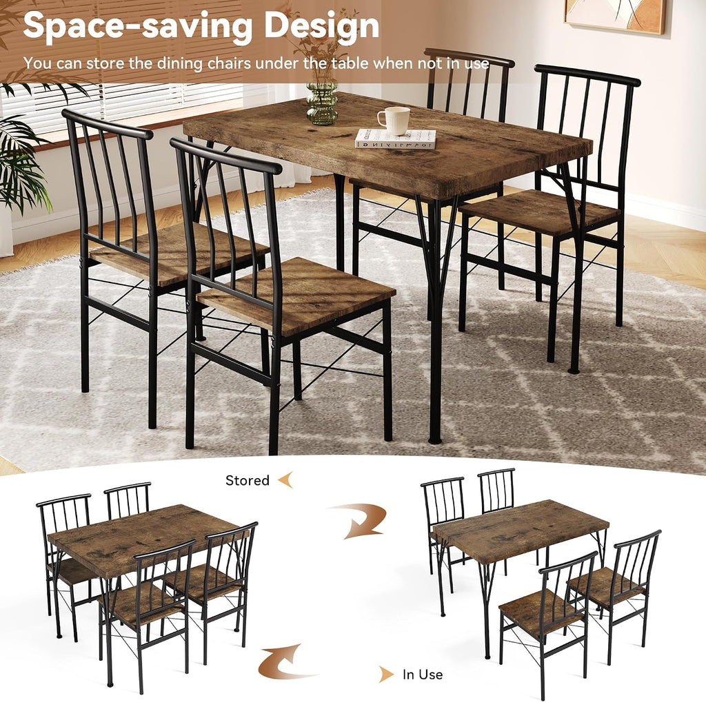 Dining Table Set for 4 with 1.6" Thick Tabletop, 5-Piece Kitchen Table Set, Space-Saving Rectangular Dining Room Kitchen Table Chair Set for Small Space,Dinette,Apartment,Rustic Brown