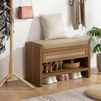 SICOTAS Rattan Shoe Bench Entryway Bench with Storage Drawer, Linen Cushion | Farmhouse Boho Shoe Rack with Shelf, Wooden Storage Bench for Entryway Hallway and Bedroom, Caramel Oak