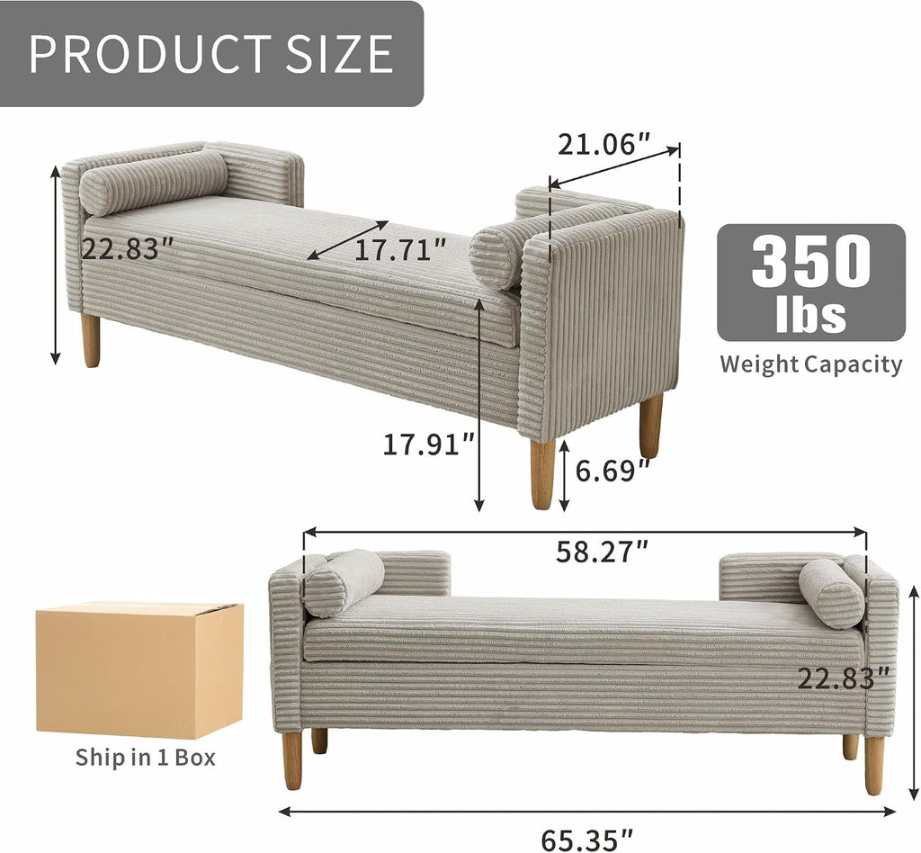 Chifee & Vingol 65.35" W Ottoman with Storage Bench for Bedroom End of Bed with Removable Pillows Upholstered Storage Ottoman Bench for Bedroom Living Room Hallway,Light Gray