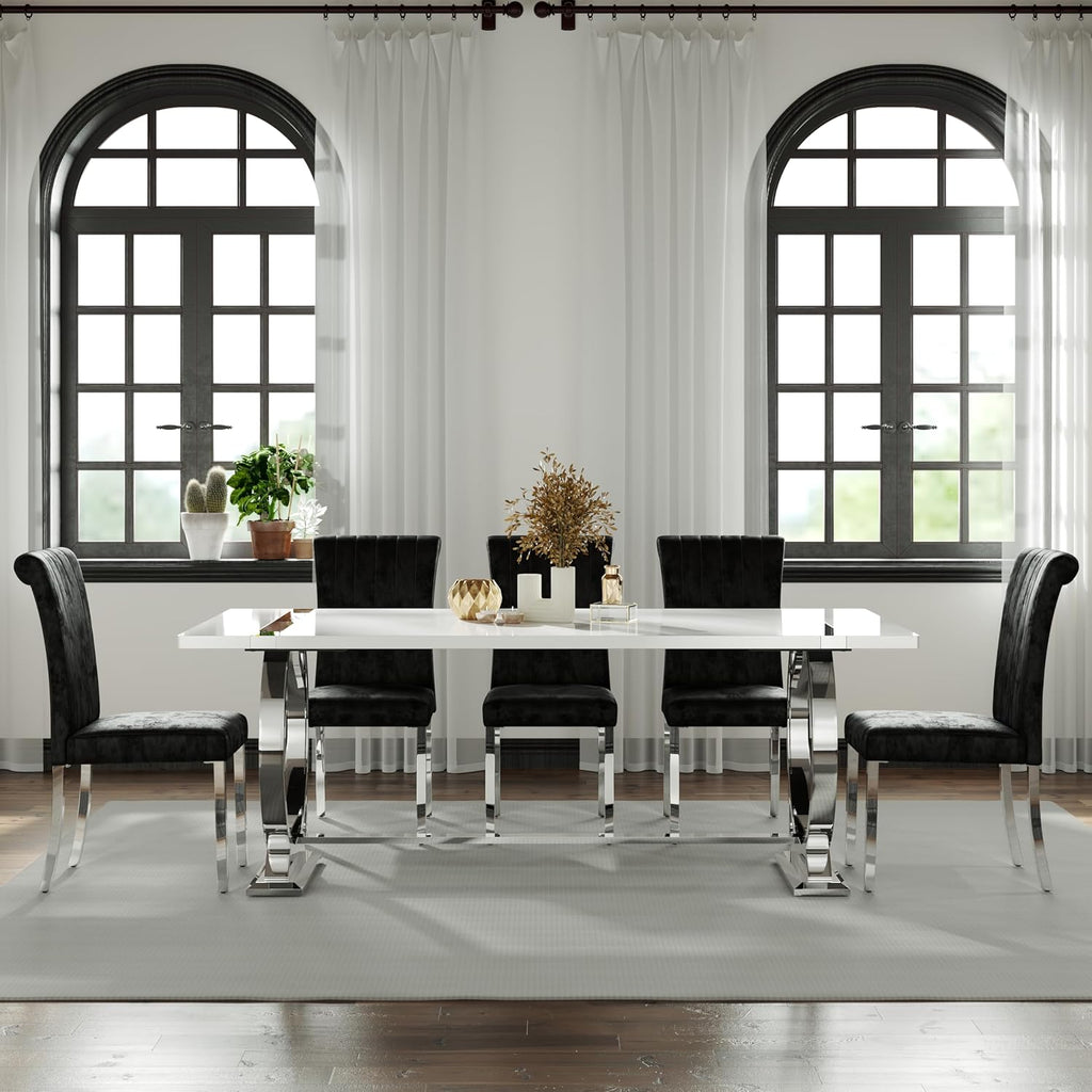 BQueen 78 inch White and Silver Dining Table for 4-8, Luxury Modern White Large Kitchen Table with Chrome Stainless Steel U-Base for Dining Room Kitchen Apartment