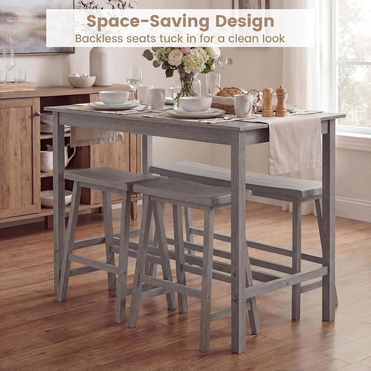 GIANTEX 4-Piece Counter Height Dining Table Set with Power Outlet, Solid Rubber Wood Kitchen Table with Saddle Backless Bench & 2 Stools, Space-Saving Bar Table Set for Breakfast Nook (Gray)
