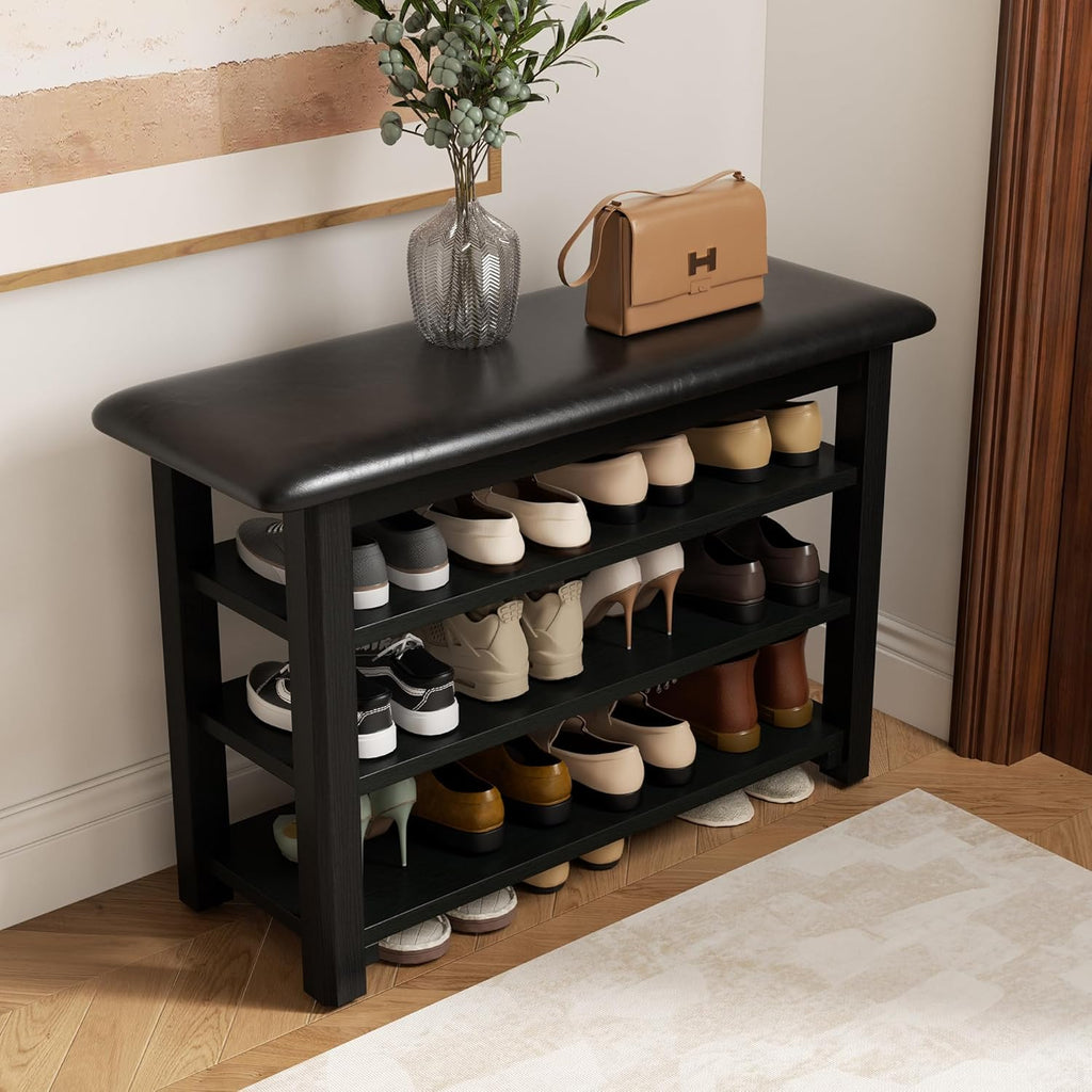 Shoe Rack Bench with Leather Cushion 3-Tier Shoe Rack Organizer for Entryway Hallway or Living Room Farmhouse Rustic Wooden Seat Bench Black 11.8" Dx31.5 Wx20.4 H