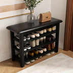 Shoe Rack Bench with Leather Cushion 3-Tier Shoe Rack Organizer for Entryway Hallway or Living Room Farmhouse Rustic Wooden Seat Bench Black 11.8" Dx31.5 Wx20.4 H