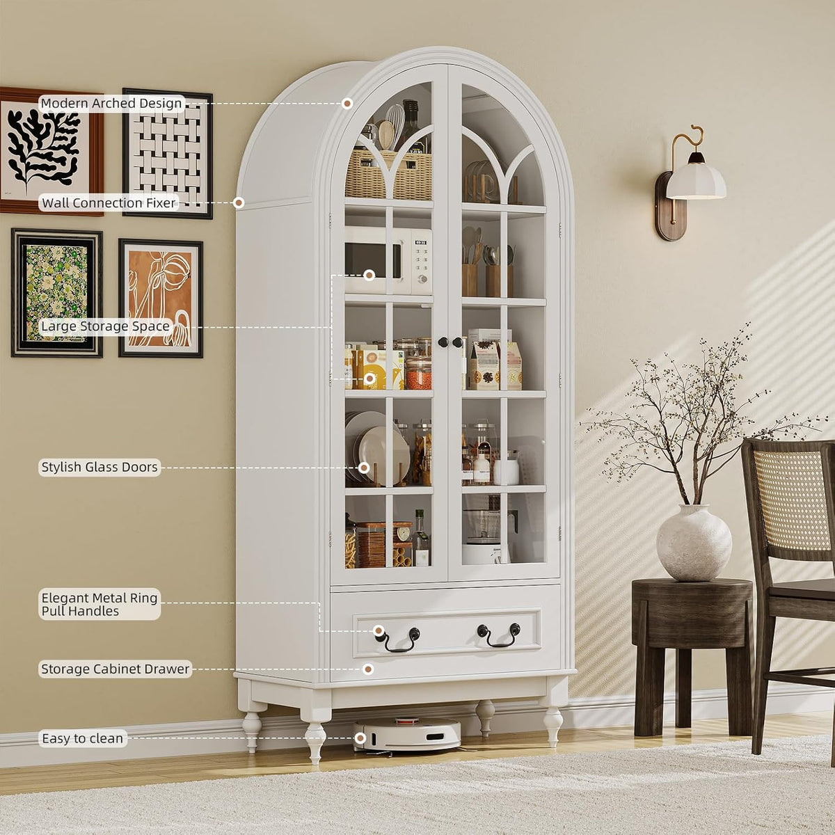 LIVAUVEAD 67" Tall Arched Kitchen Pantry Cabinet with Hidden Drawers & Adjustable Shelves, Bookshelf with Glass Door, Arched Cabinet for Kitchen, Dining Room