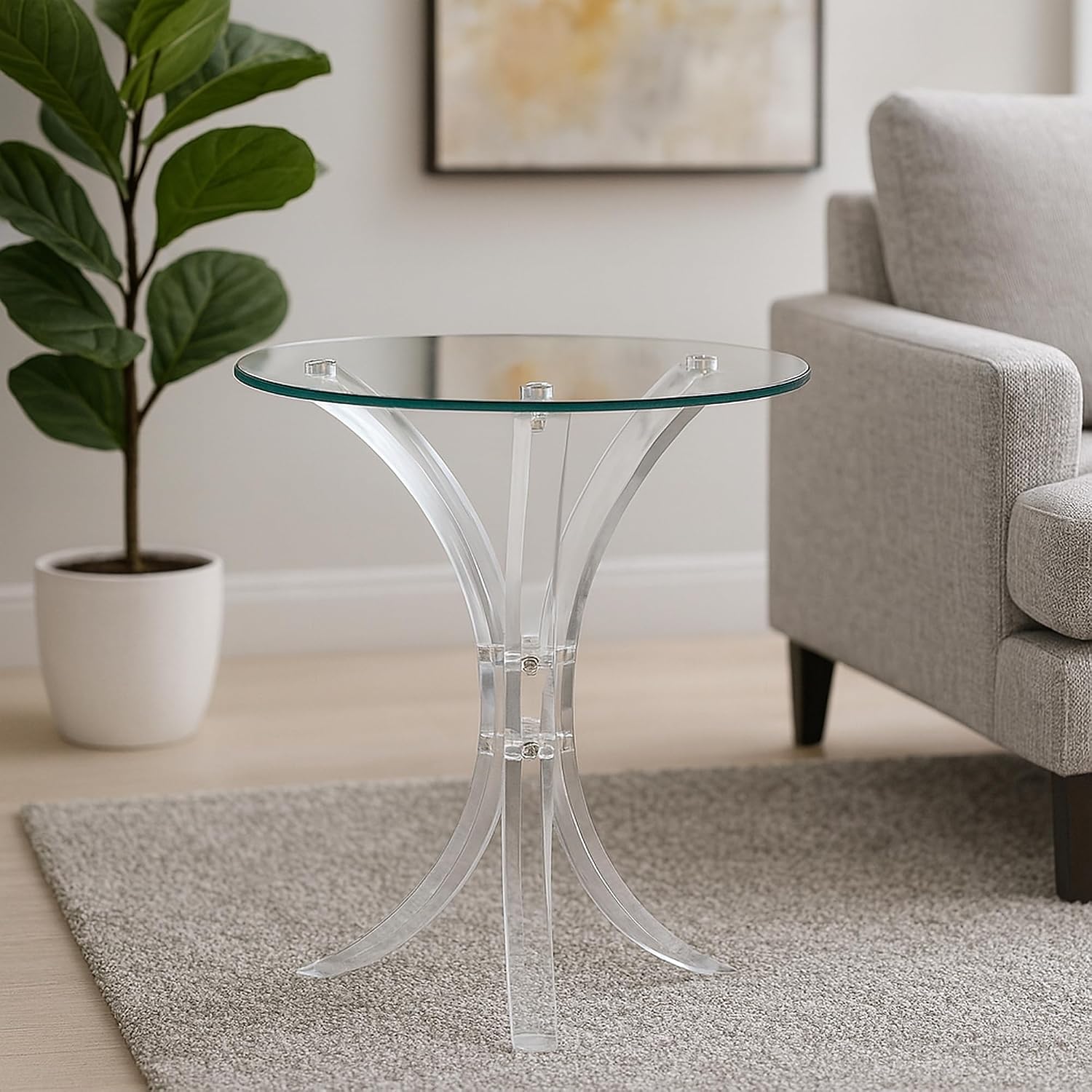 CARTESIAN Modern Round Glass Side Table, Clear Acrylic Base, 18-Inch Tempered Top, Contemporary Accent Table for Living Room, 21.25 Inches High