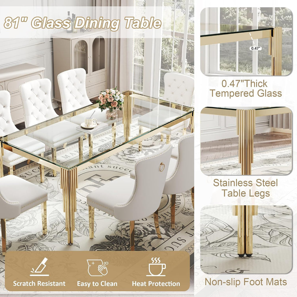 Rectangle Glass Dining Table, 81" Clear Tempered Glass Desktop with Gold Mirrored Stainless Steel Legs, Modern Elegance for 8-10 People, for Kitchen, Living Room, Office