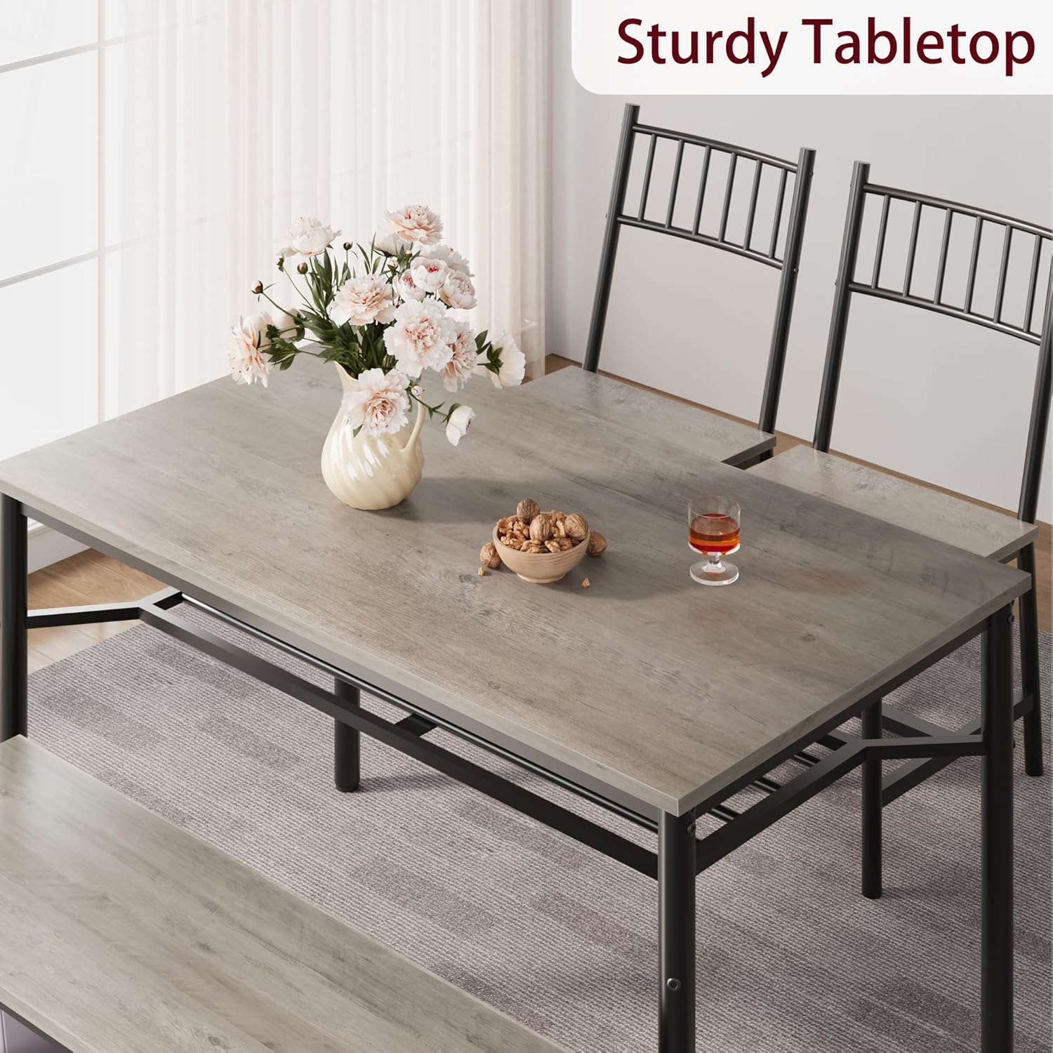 Garvee Dining Table Set for 4 with Bench and Chairs, 4-Piece Kitchen Table Set with Storage – Space-Saving Dining Table for Apartments and Dining Rooms, Gray