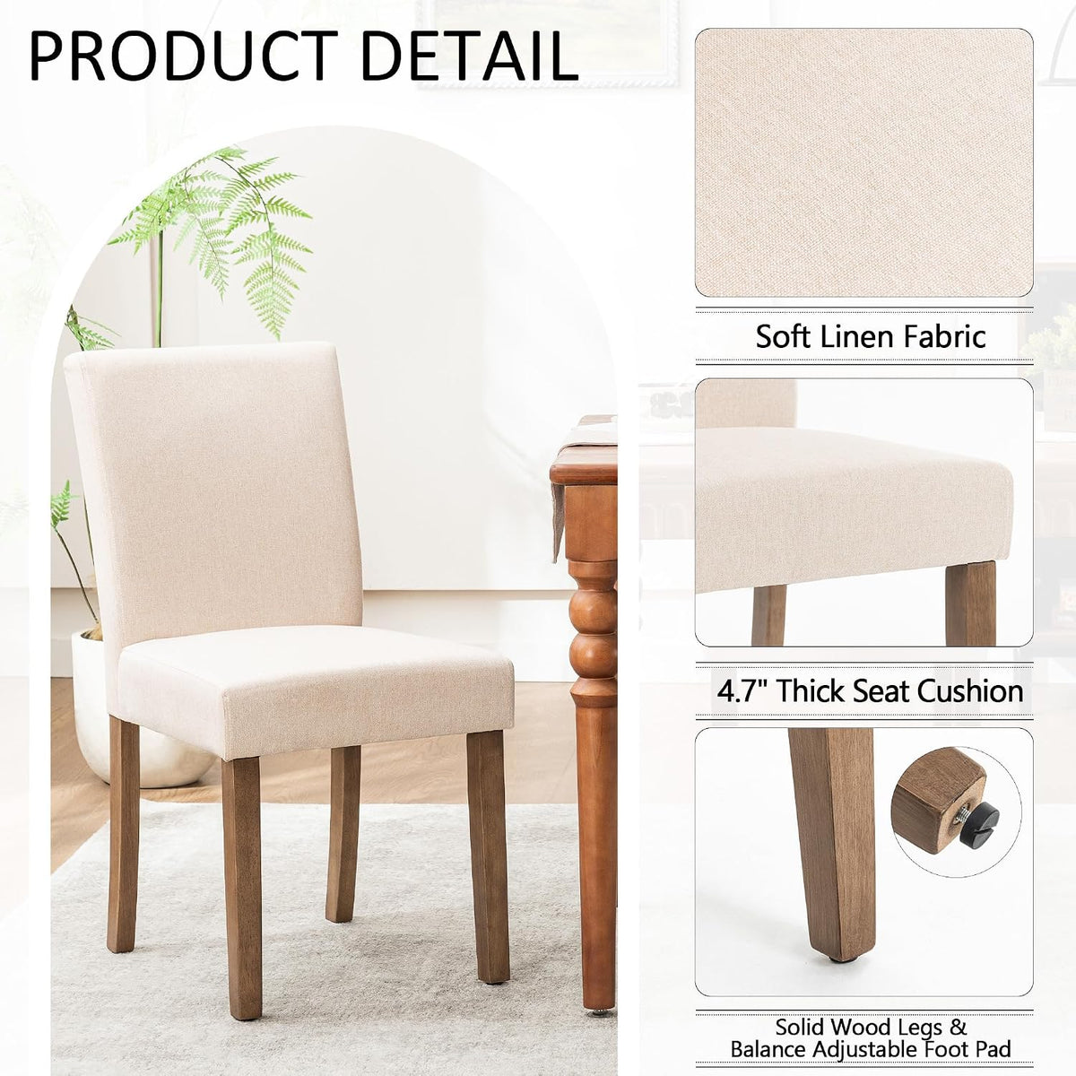 Rowill Modern Upholstered Dining Chairs Set of 2, Linen Fabric Side Dining Room Chair with Solid Wood Legs and Padded Seat for Home Kitchen/Restaurant, Beige