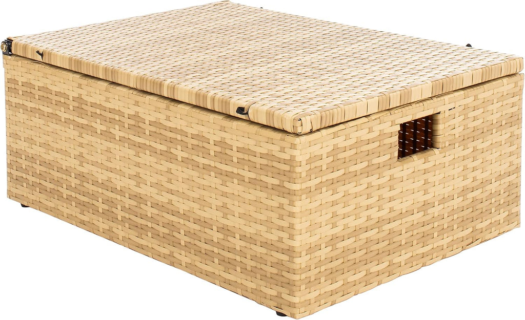 SAFAVIEH Outdoor - Pramla Settee and Ottoman Set - Natural & White - Steel Frame with Cushion - Coastal Storage Design - Ideal for Patio, Deck, Porch, Backyard (PAT7515D)