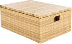SAFAVIEH Outdoor - Pramla Settee and Ottoman Set - Natural & White - Steel Frame with Cushion - Coastal Storage Design - Ideal for Patio, Deck, Porch, Backyard (PAT7515D)