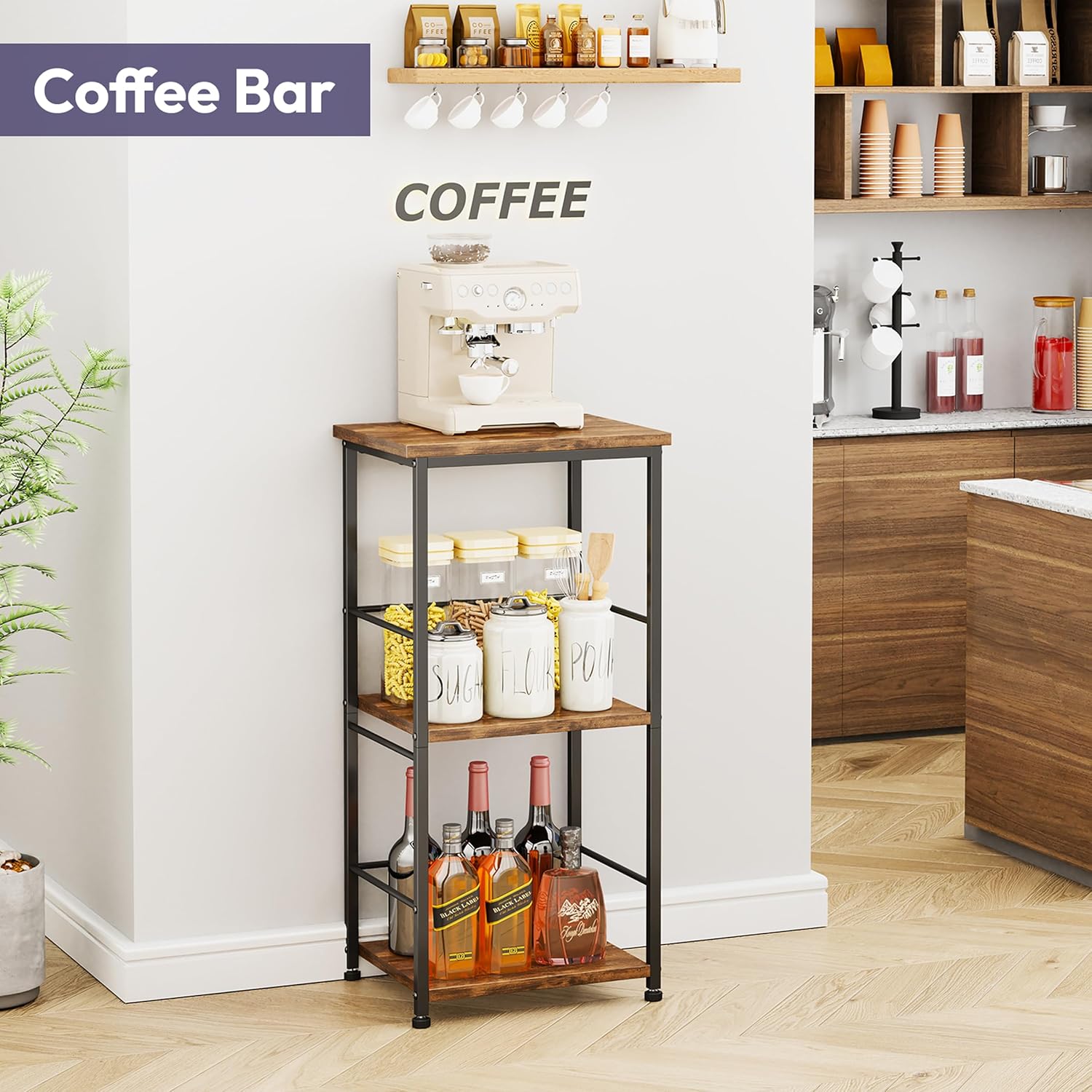 SWTYMIKI Coffee Bar Cabinet for Home - 3-Tier Sturdy Farmhouse Coffee Stand Station Multi-Purpose Buffet Sideboard - Kitchen Bar Table for Living Room, Corner, Small Space, Espresso
