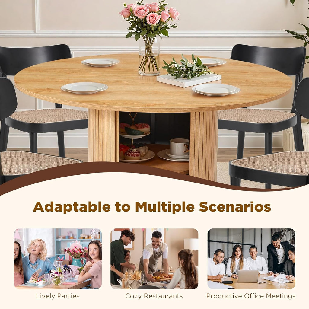 AVAWING 47-inch Round Dining Table for 4-6, Circle Fluted Kitchen Table with 2-Layer Storage Shelf and Wood Slide Door, Mid-Century Modern Fluted Design Wooden Dining Desk for Dining Room, Natural