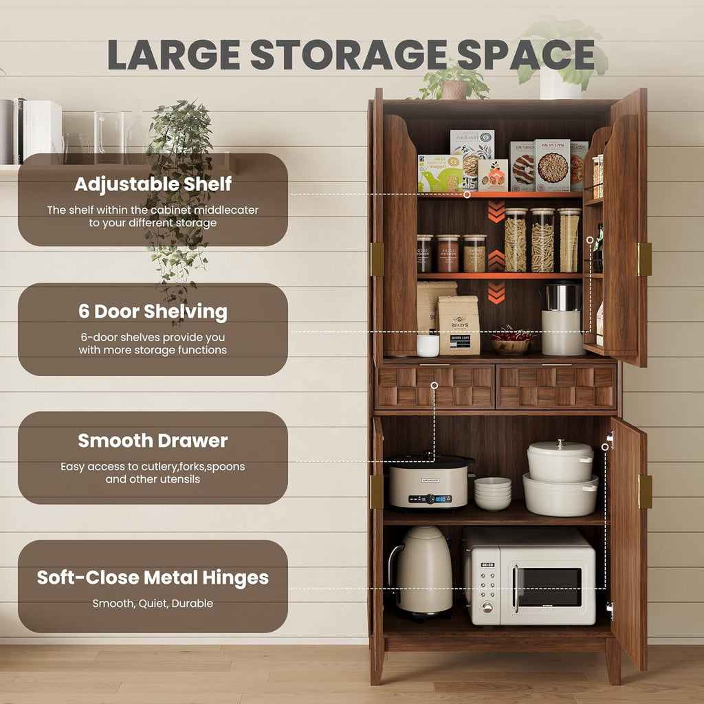 Pantry Cabinet, 71" Tall Pantry Cabinet,Modern Kitchen Cabinet with Doors, Drawers & Adjustable Shelves, Freestanding Food Pantry Cupboard with Side Rack for Kitchen Dining Room,Walnut