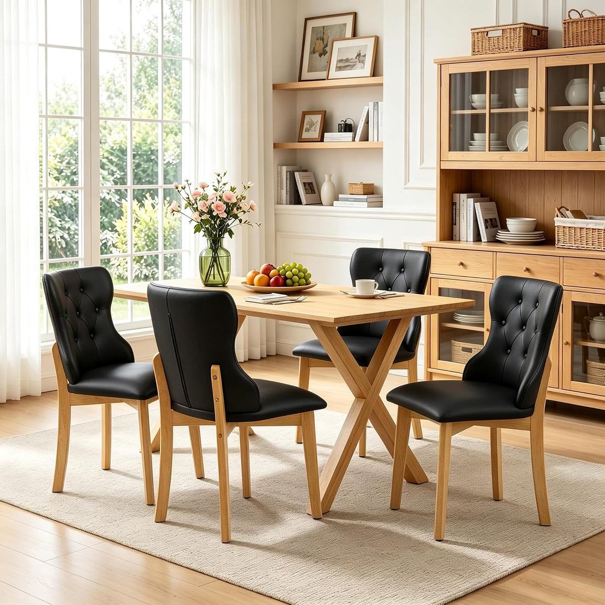 Mid Century Modern Dining Chairs Set of 4 PU Leather Dining Room Chairs High Back Dining Chairs Set for Kitchen, Living Room, Restaurant (Black)
