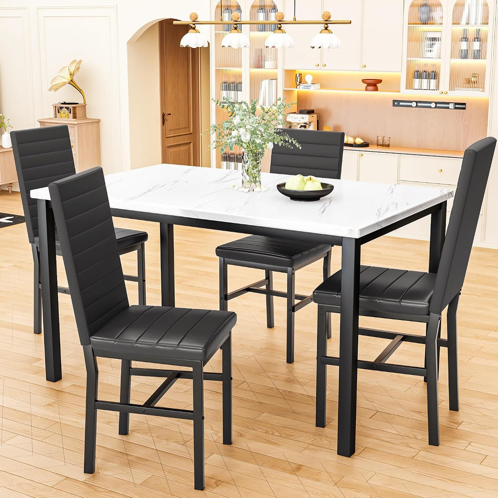 Recaceik 5-Piece Small Dining Table Set for 4, Modern Faux Marble Kitchen Table with 4 Upholstered PU Leather Chairs, Dining Room Table Set for Dinette, Breakfast Nook & Small Spaces, Black