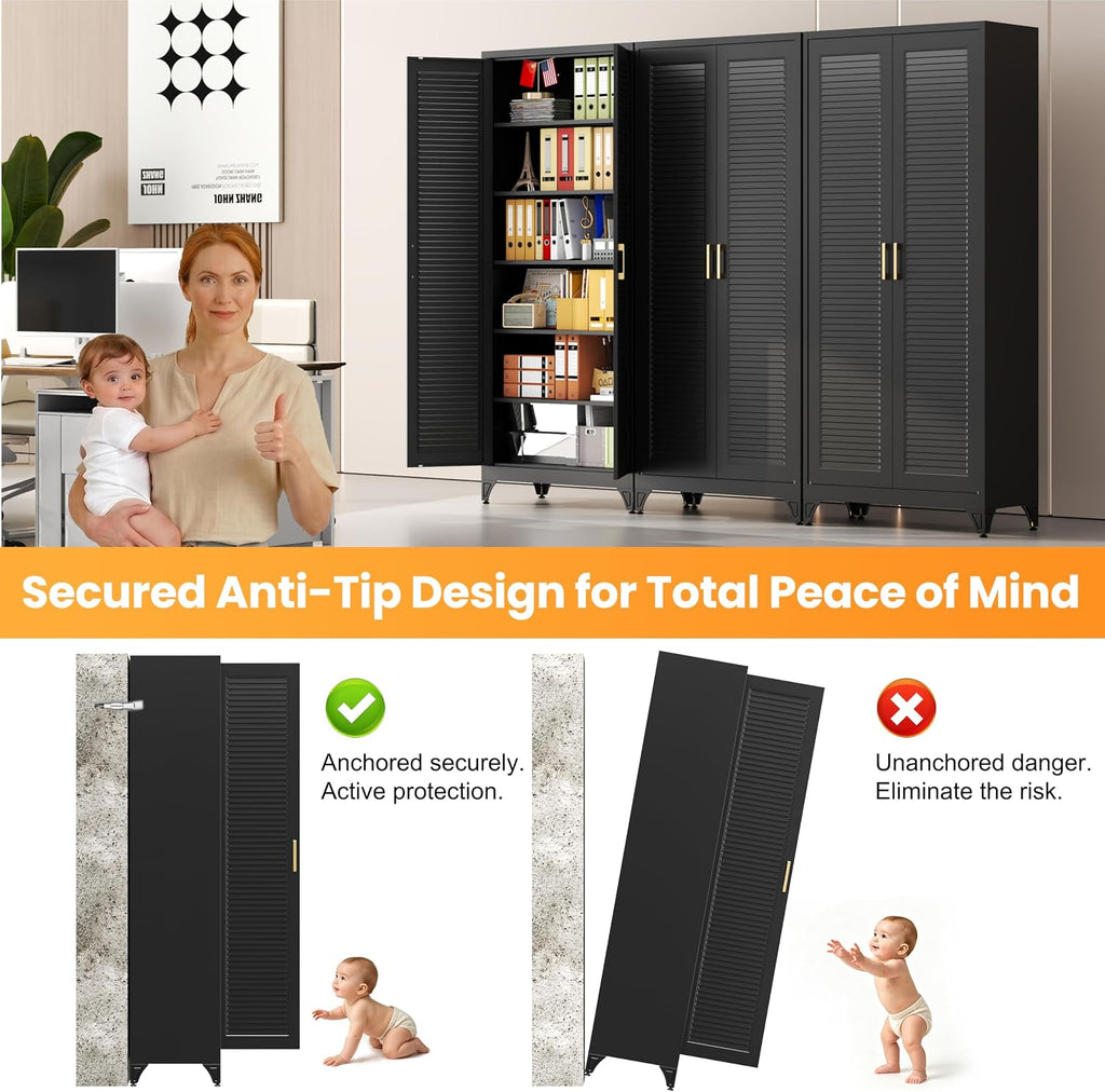 75" Metal Pantry Cabinet,Kitchen Storage Cabinet with Shelves | Louvered Metal Storage Cabinet,Adjustable Shelves,Gold Handles,Leveling Feet,Anti-tipping,for Garage/Kitchen Black