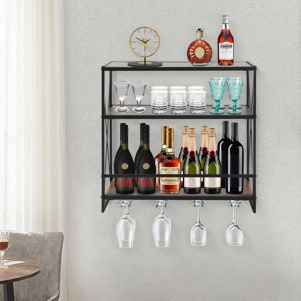 Gdrasuya10 Wall Mounted Wine Rack with Glass Holder Storage, Wine Bottle Display Wine Rack Shelf Stemware Rack Metal Wine Storage Rack Hanging Wine Shelf for Home Decor