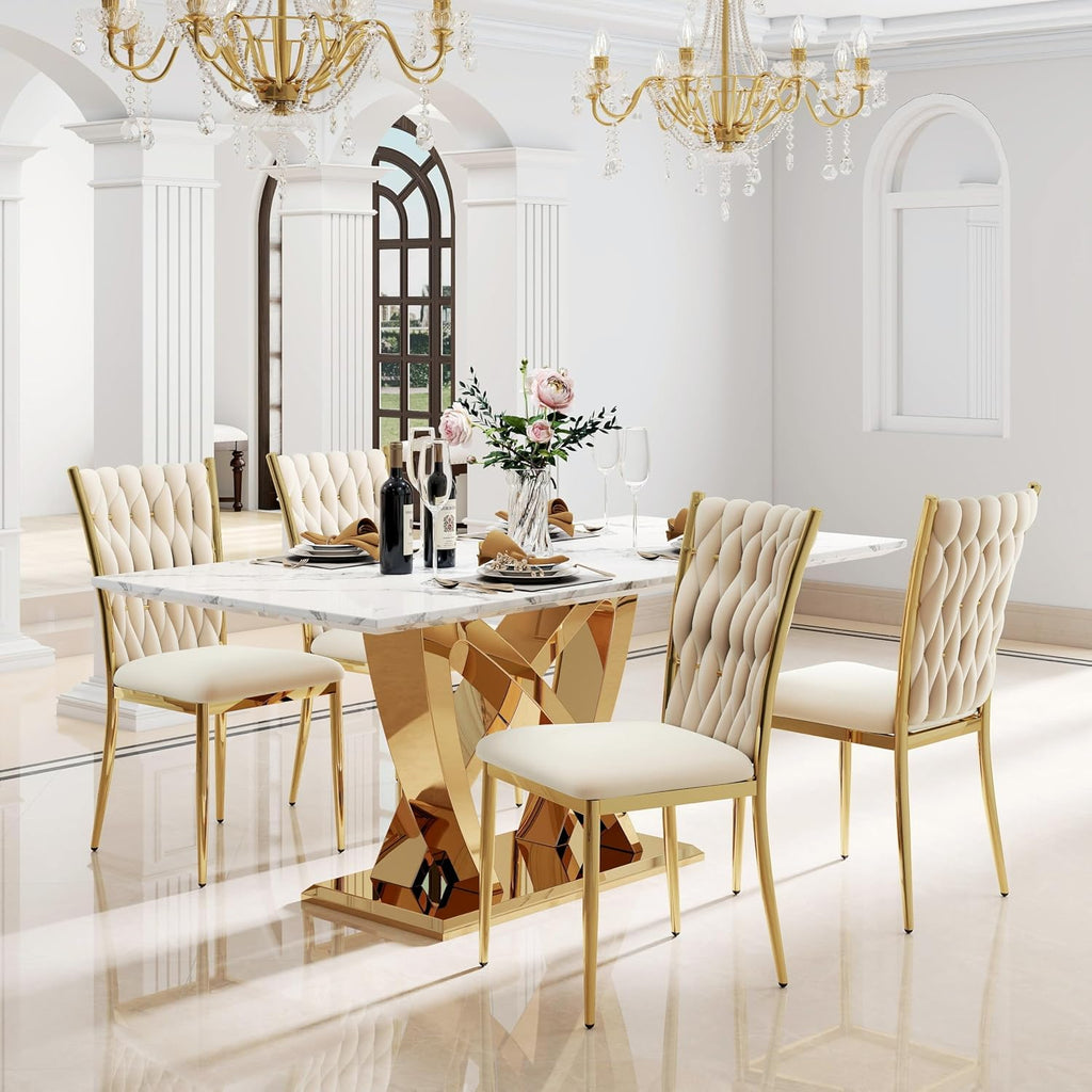 Modern Dining Chairs Set of 4, Beige Velvet Woven Kitchen Chair with Golden Metal Legs, Upholstered Cushion & High Back Design, Mid-Century Dining Chairs for Kitchen, Living Room