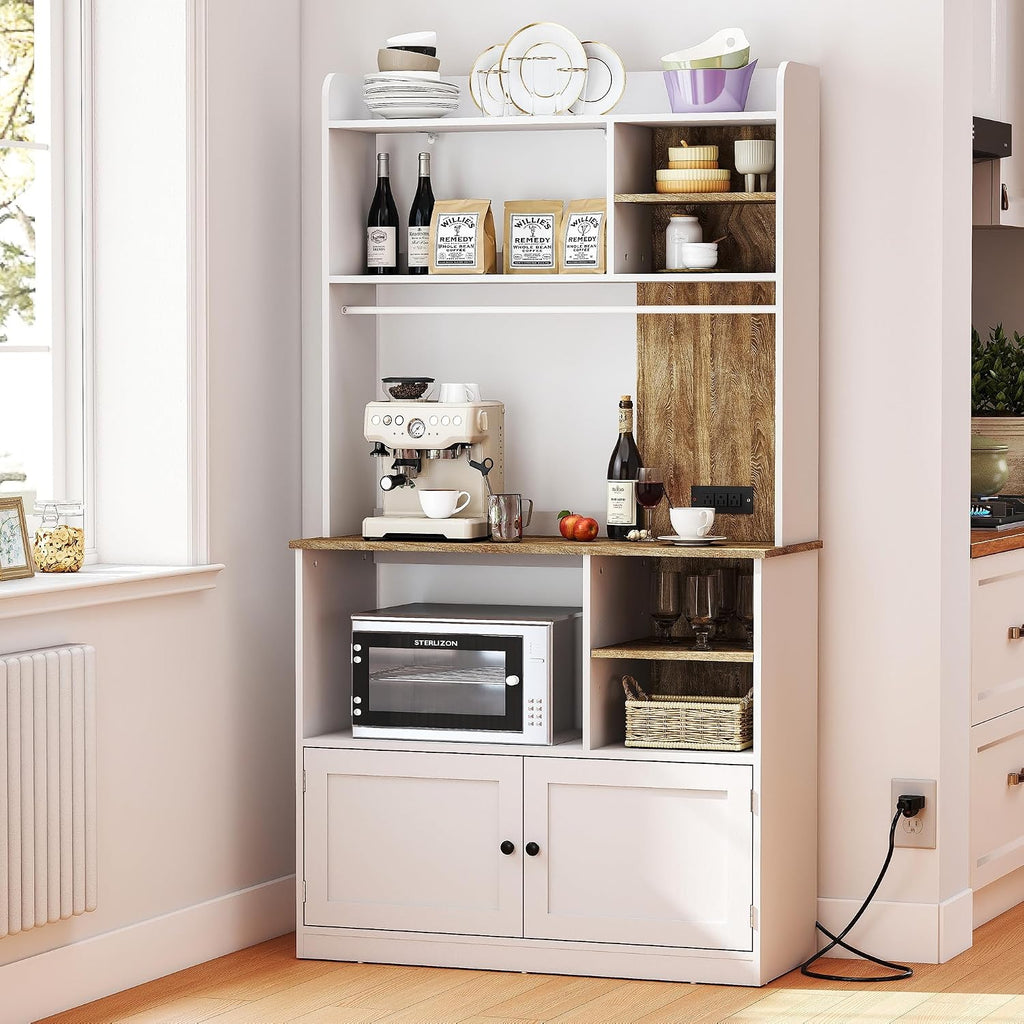 71" Kitchen Pantry Storage Cabinet, Microwave Stand with Storage & Bakers Rack with Power Outlet and Countertop for Living Room, Dining Room, White