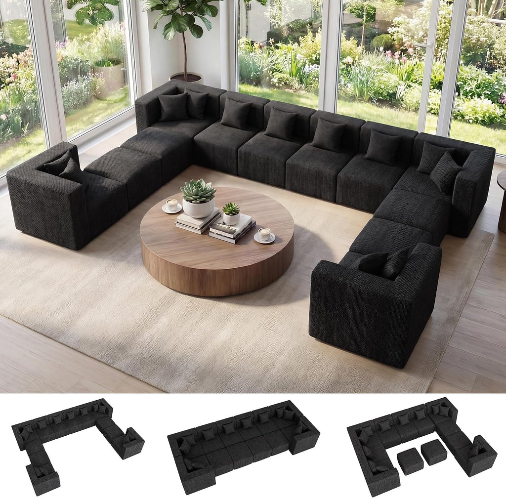 MONVANE Oversized Sectional Couch 12-Seat, Chenille, Black | Sectional Couch for Living Room, Modular Cloud Sofa with Ottoman & 12 Throw Pillows, No Assembly Required