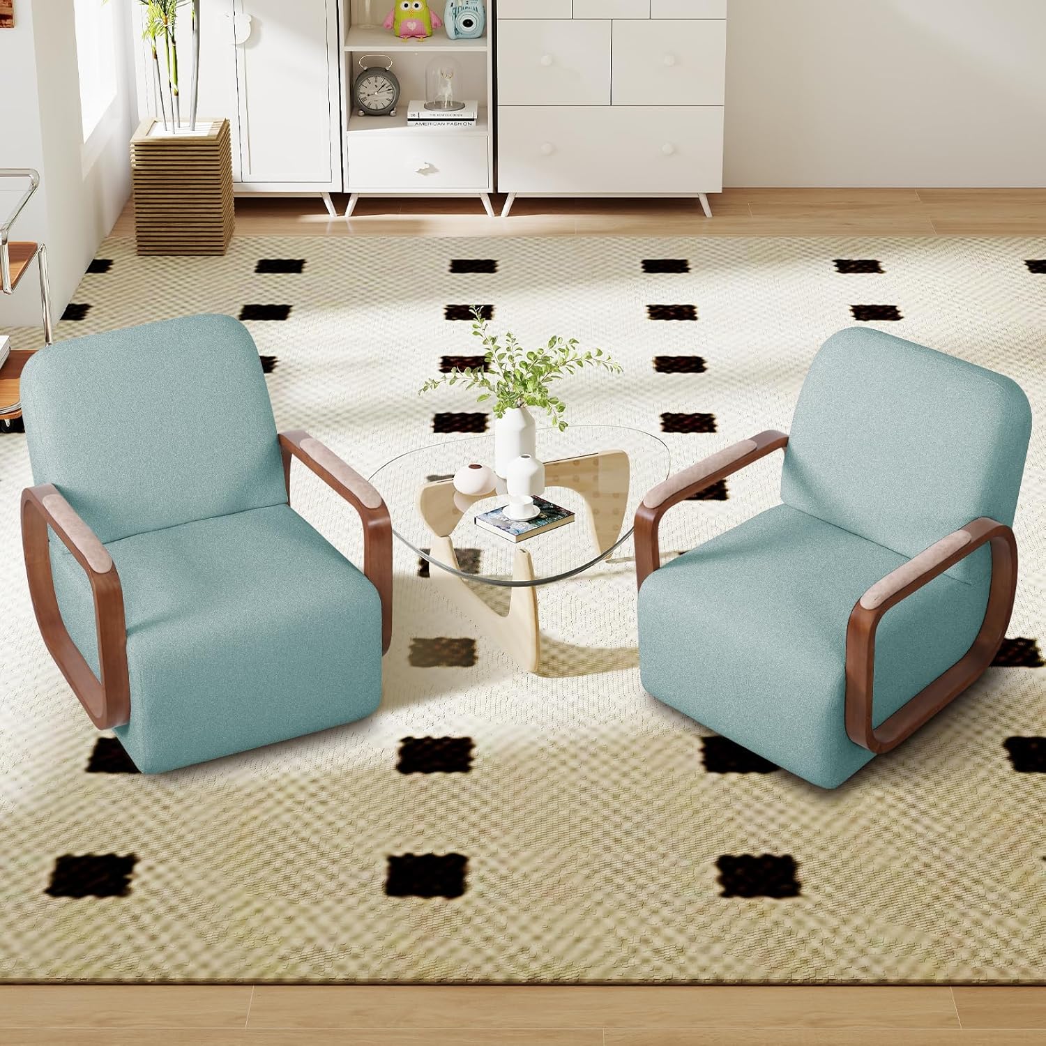 Couchus Swivel Accent Chair with Solid Wood Base, Swivel Living Room Chair with Chenille Fabric (Blue, Set of 1)