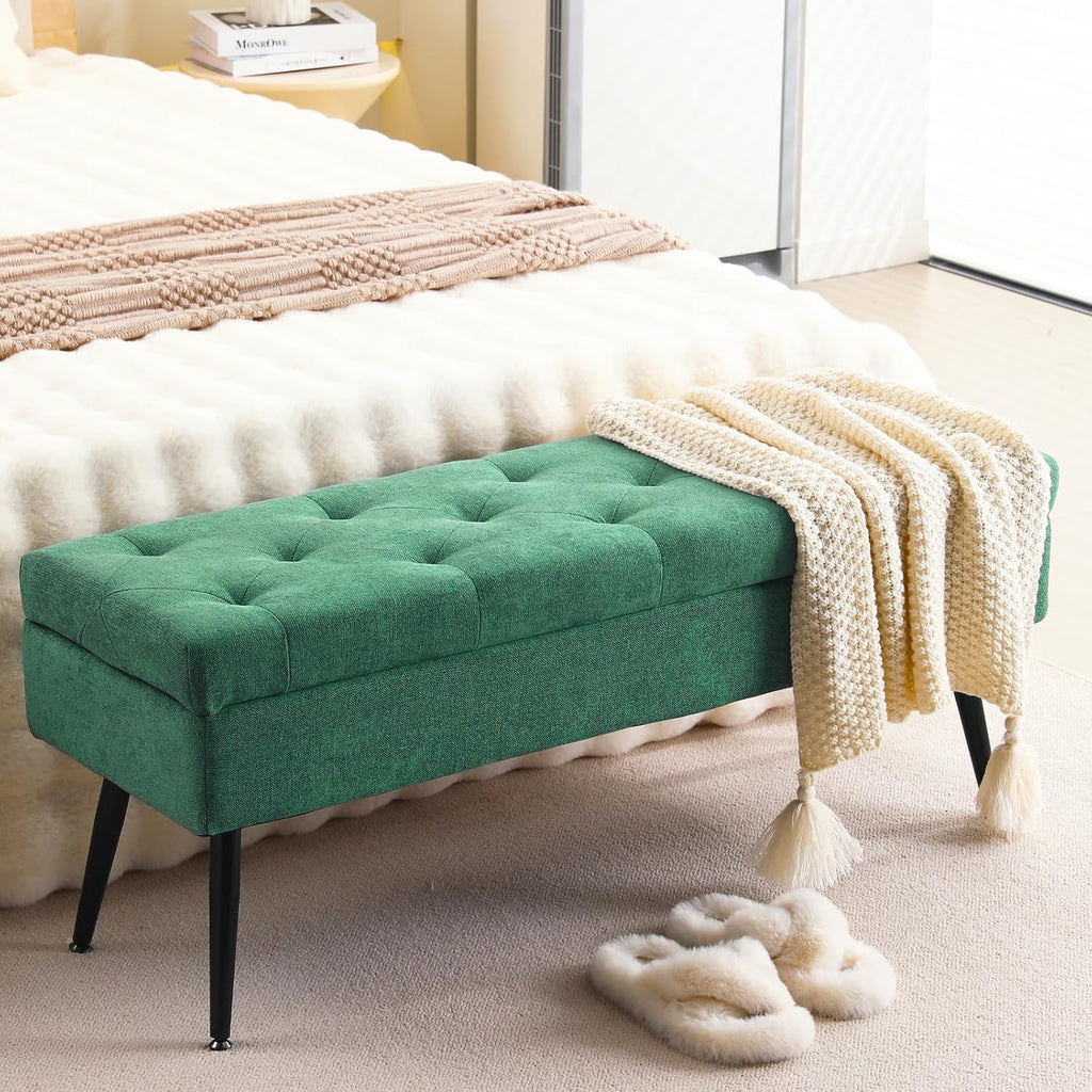 Storage Ottoman Long Upholstered Entryway Bench, 43.5" Fabric Green | Large Flip-Top Entry Shoe Bench Dining Seat for Living Room Bedroom End of Bed Couch, Support 660lbs, Faux Leather