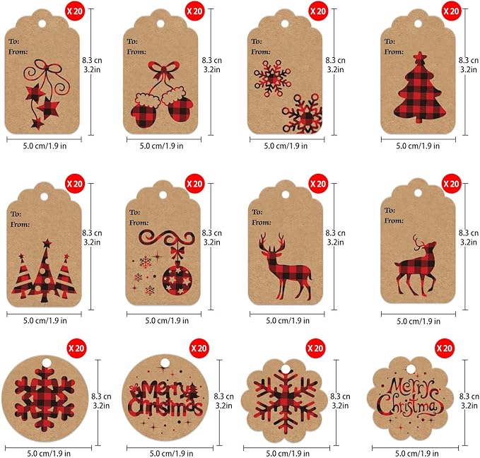 LOKIPA 120 Pieces Christmas Kraft Paper Gift Tags Hang Labels with Red and Black Plaid Snowflake Christmas Tree Elk Patterns and 230 Feet Twine Rope for Christmas
