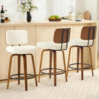 Counter Height Bar Stools Set of 3, 26+inch Swivel Faux Leather Barstool with Back, Upholstered Mid-Century Modern Bar Chairs with Bent Wood Legs for Kitchen Counter, Dining Room, Cream White