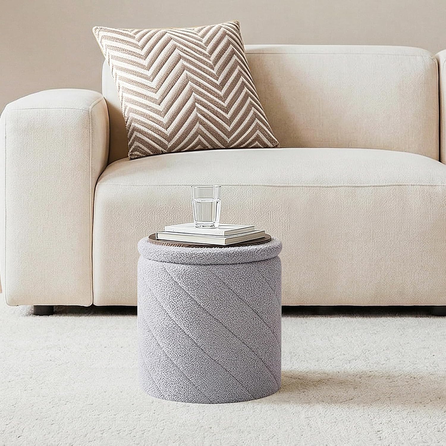 13" Foldable Boucle Round Storage Ottoman,Space-Saving Footrest/Seating/Coffee Table for Small Apartments,Dorms & Bedrooms-Grey