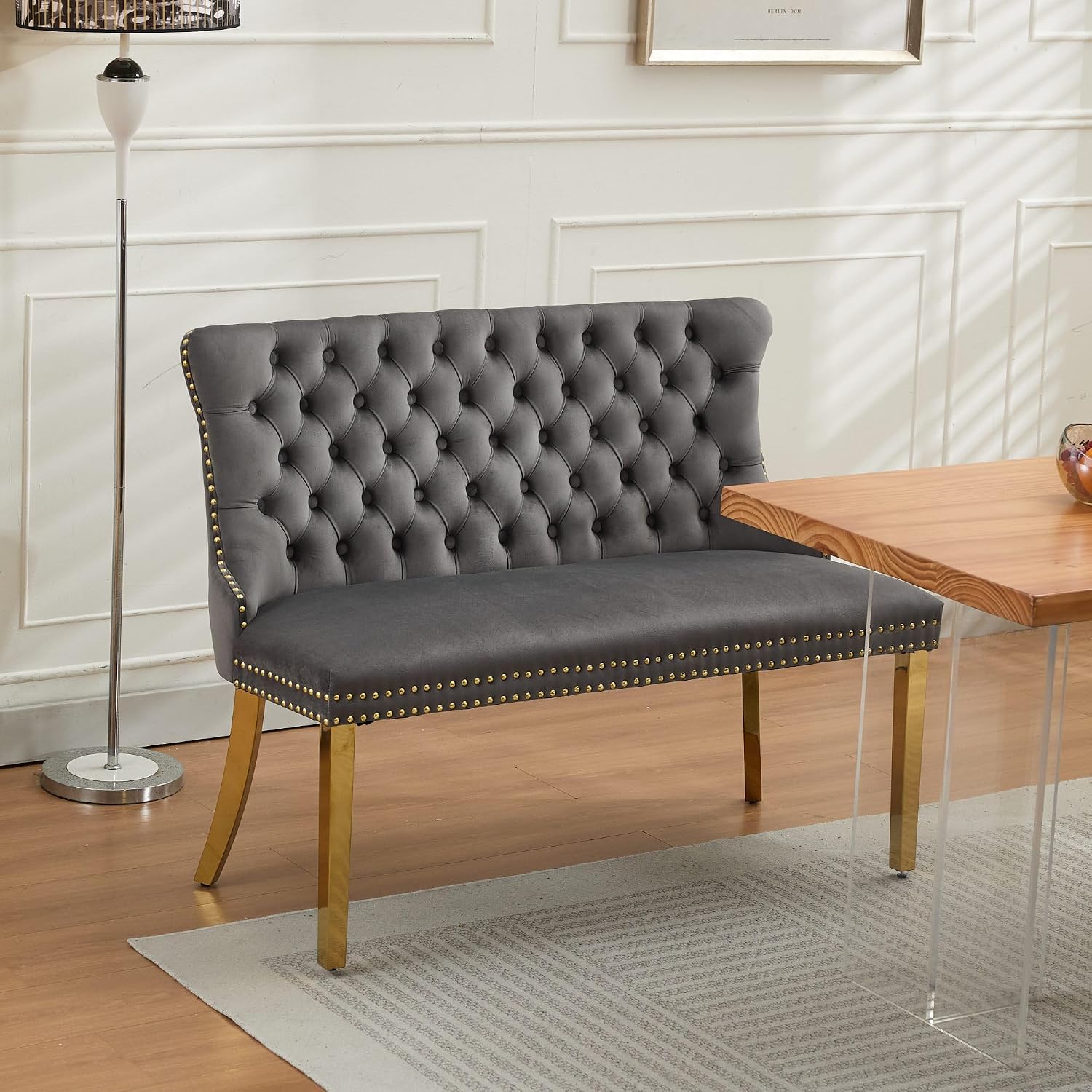 Velvet Upholstered Dining Bench with Back, 45.6'' Tufted Loveseat Bench with Gold Stainless Steel Legs, Mid-Century Modern Banquette Seating for Dining Room, Kitchen, Entryway, Gray