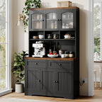 GarveeHome Pantry Cabinet with Charging Station, Tall Kitchen Pantry Storage Cabinet with Hutch,70.8 Inch Kitchen Cabinet with 30mm Thickened Countertop, Fluted Glass Doors, for Dining Room, Balck