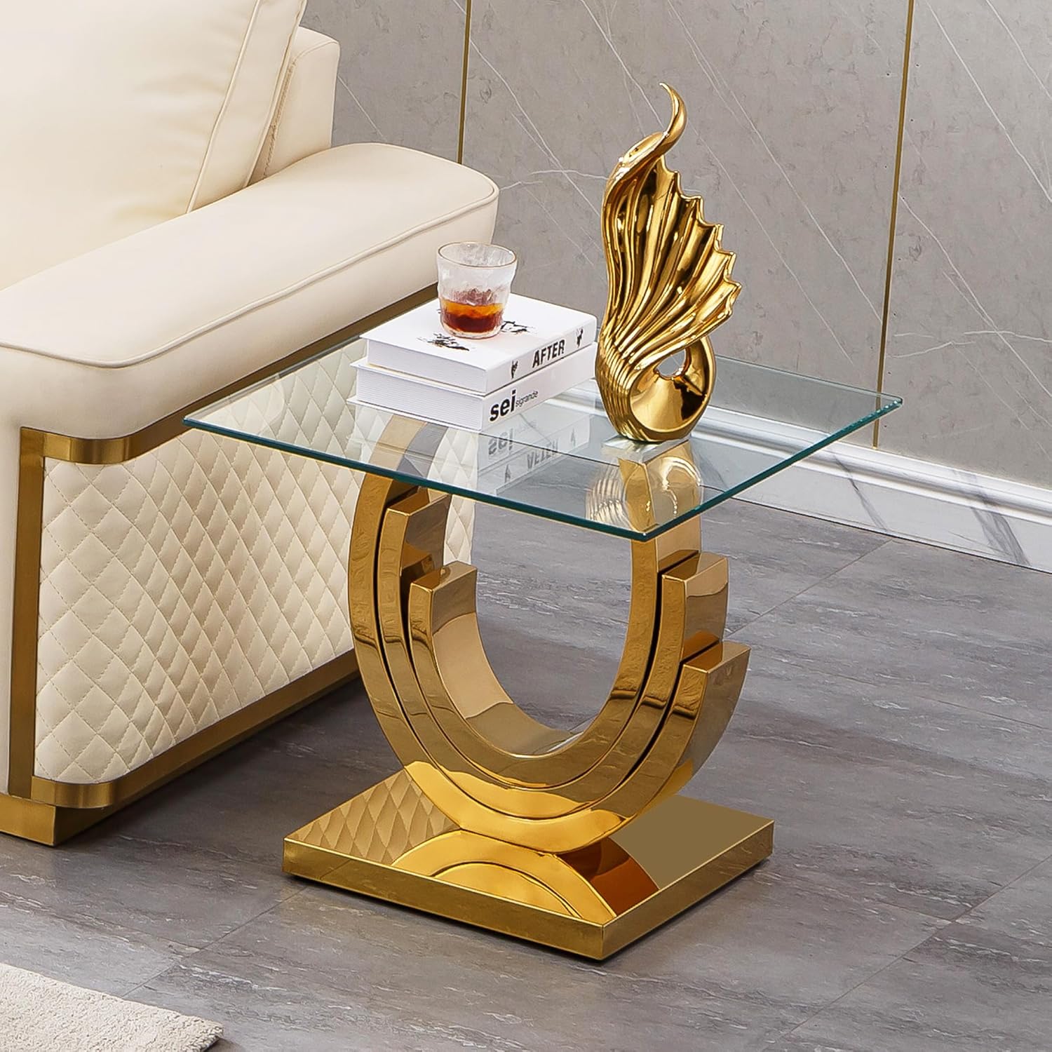 1 Piece Living Room End Table Luxury Glass Side Table, Elegant Gold End Table with Three Ring-Shape Stainless Steel Pedestal Base for Living Room Bedroom Office(1 End Table)