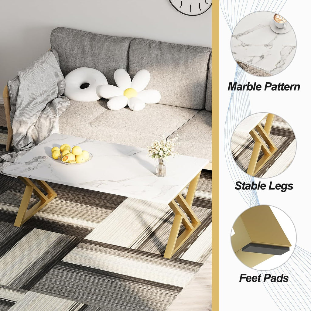 Wolawu Coffee Table Living Room Table White Center Table, Modern Faux Marble Rectangular Tea Tables with Sturdy Gold Metal Frame,Industrial Wooden Coffee Table for Bedroom Home Office
