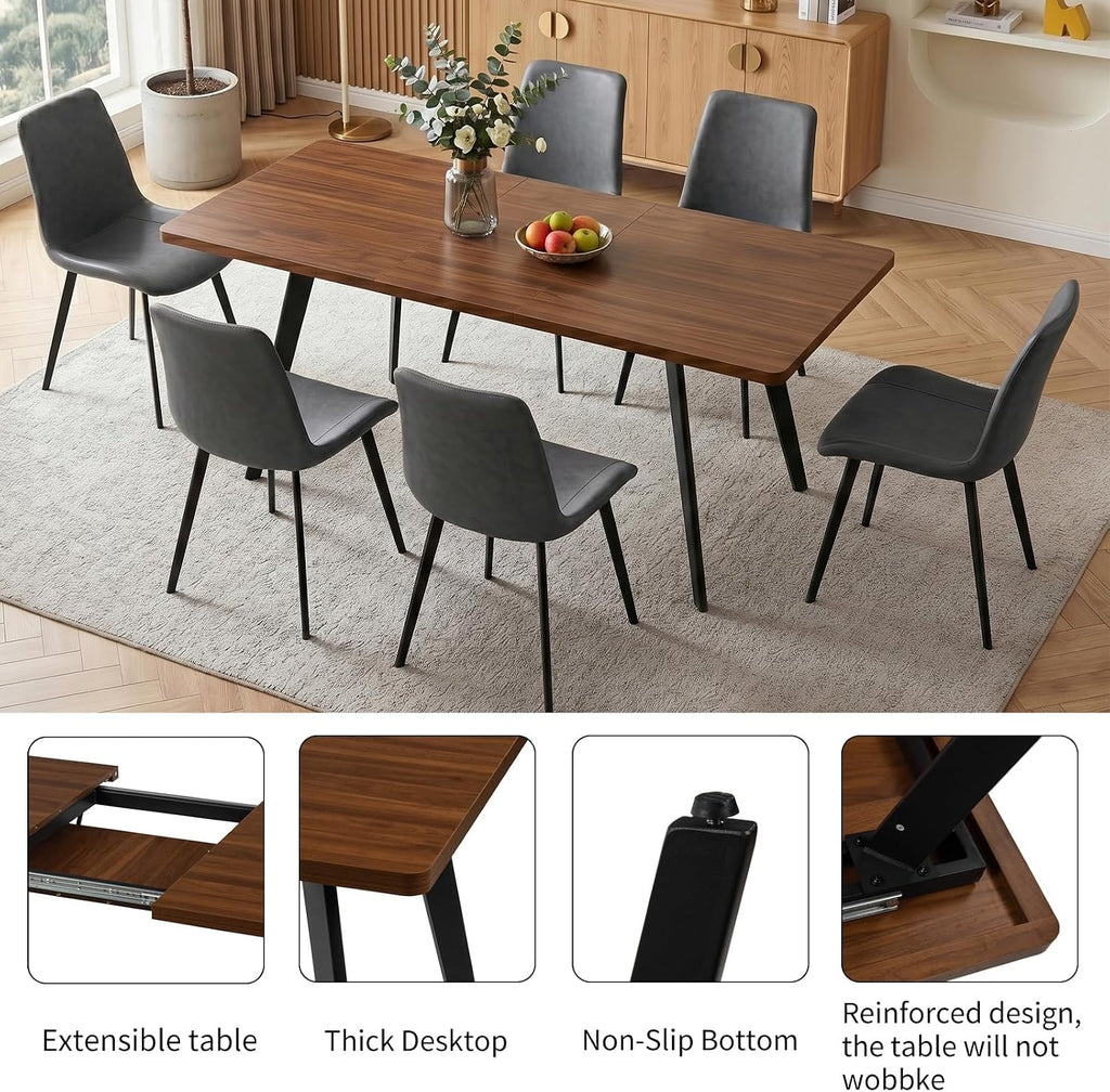 Zerifevni 70.87" Large Extendable Dining Kitchen Table with 6 Chairs | Compact Table with Removable Leaf, Modern MDF Wood Grain Table for Small Space Apartment, Easy Assembly