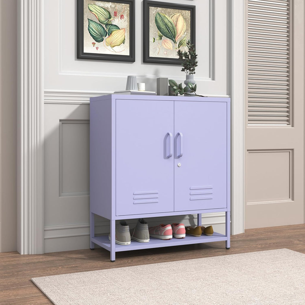 Three Tier Metal Shoe Cabinet for Home use Featuring Adjustable Shelves Multifunctional Two Door Storage Cabinet Suitable for entryways and hallways Purple Size: 13.8" D x 29.5" W x 33" H