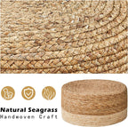 Cpintltr Foot Stool Natural Seagrass Hand Weave Poufs Round Ottoman for Couch Desk Soft Step Stool Padded Foot Rest with Non-Skid Pine Legs for Hallway Office Lounge Natural/White