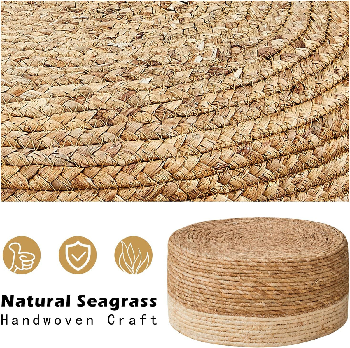 Cpintltr Foot Stool Natural Seagrass Hand Weave Poufs Round Ottoman for Couch Desk Soft Step Stool Padded Foot Rest with Non-Skid Pine Legs for Hallway Office Lounge Natural/White