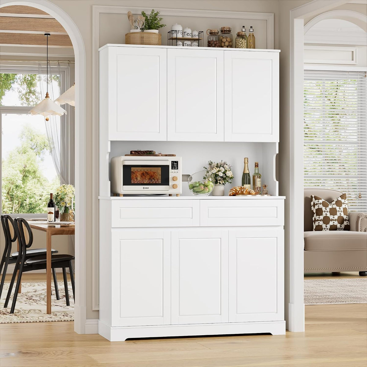 FACBOTALL 74" Pantry Cabinet, Tall Kitchen Pantry with 6 Doors & 2 Drawers | Kitchen Hutch with Wide Countertop, Modern Kitchens Cupboard with Adjustable Shelves and Charge Holes, White