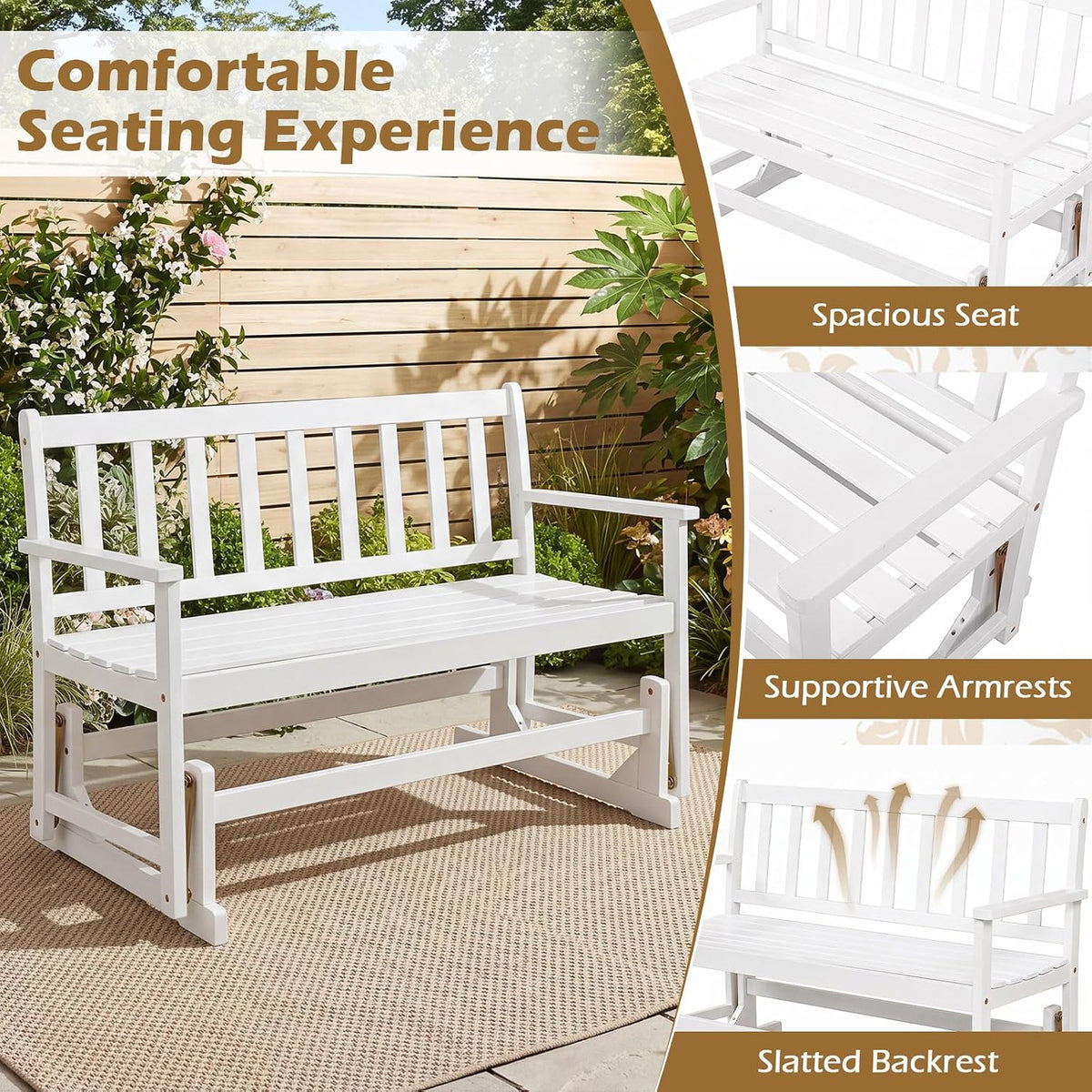 Tangkula 2-Person Patio Acacia Wood Glider Chair, 800 LBS | Armrests, Slatted Seat & Backrest, Heavy-Duty, for Porch, Garden, Backyard and Poolside