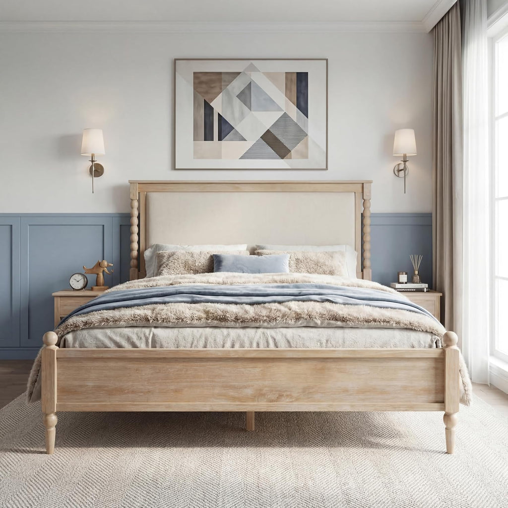 Merax Queen Size Solid Wood Platform Bed Frame, Upholstered Headboard & Classic Spindle & with Fabric Panel, No Box Spring Needed, 500 lbs Capacity Timeless Traditional for Bedroom, Natural