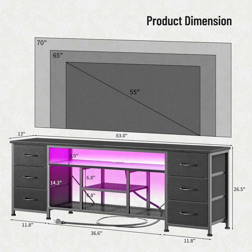Furologee LED TV Stand for 65, 70 Inch TV, 63 Inch Entertainment Center with Power Outlets, 6 Fabric Drawers Dresser for Bedroom, Media Console with Open Shelves, PU Leather Surface, Black | TV Stand for 65, 70 Inch TV, TV Console with Power Outlets & 6