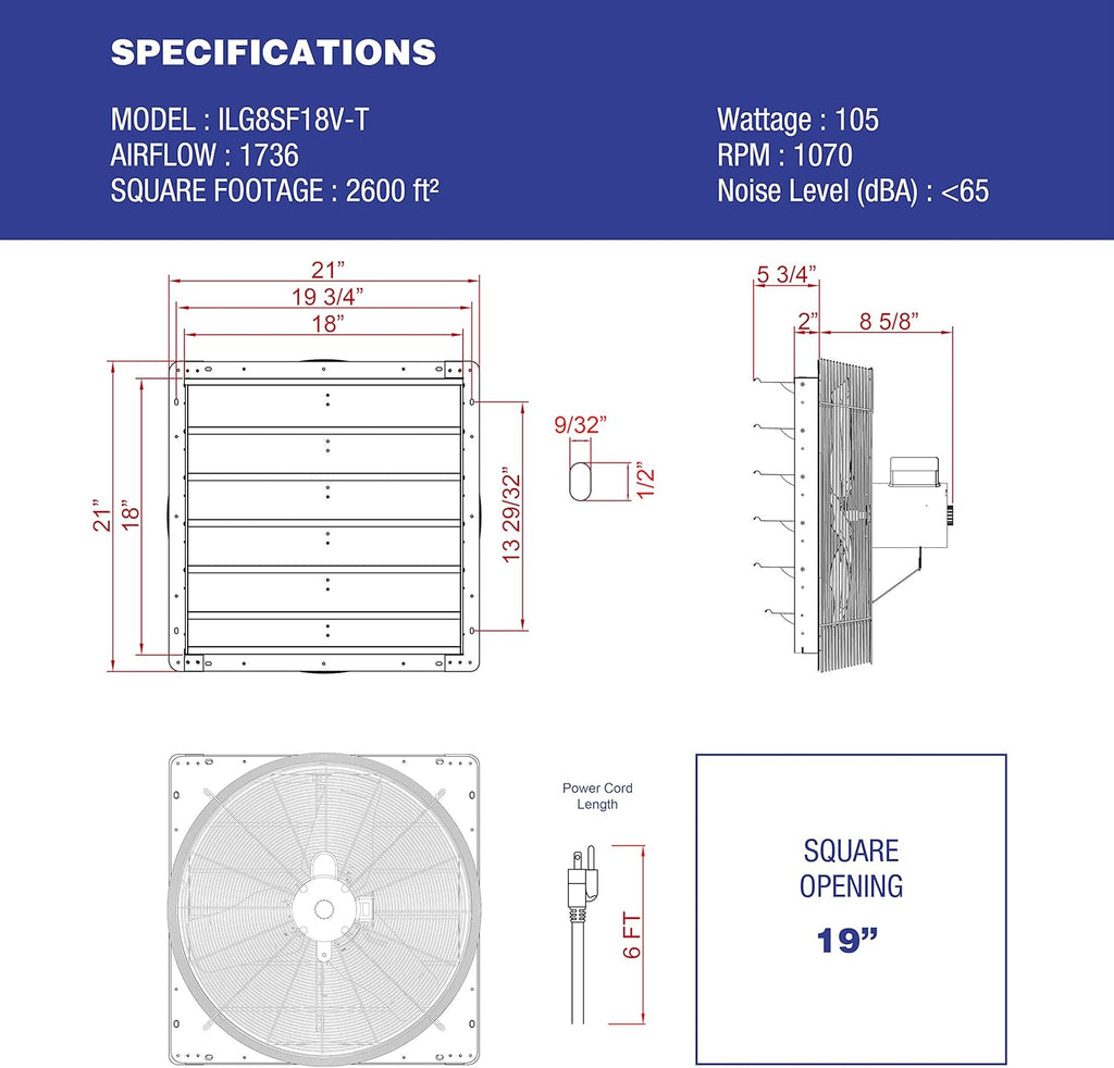 iLIVING 18" Wall Mounted Shutter Exhaust Thermostat Control-3 Speeds Vent Fan for Home Attic, Shed, or Garage Ventilation, 1736 CFM, 2600 SQF Coverage Area, Variable, Silver