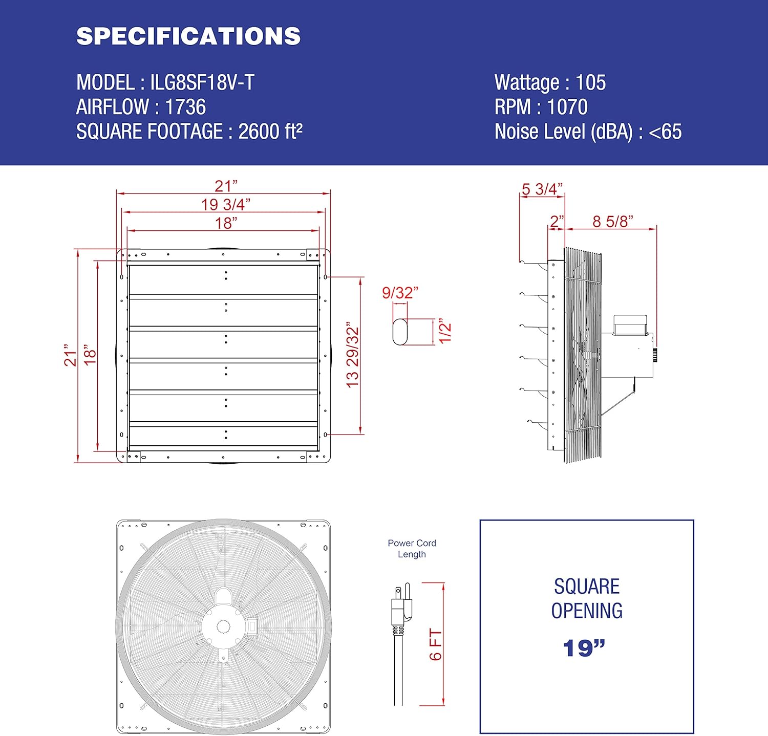 iLIVING 18" Wall Mounted Shutter Exhaust Thermostat Control-3 Speeds Vent Fan for Home Attic, Shed, or Garage Ventilation, 1736 CFM, 2600 SQF Coverage Area, Variable, Silver