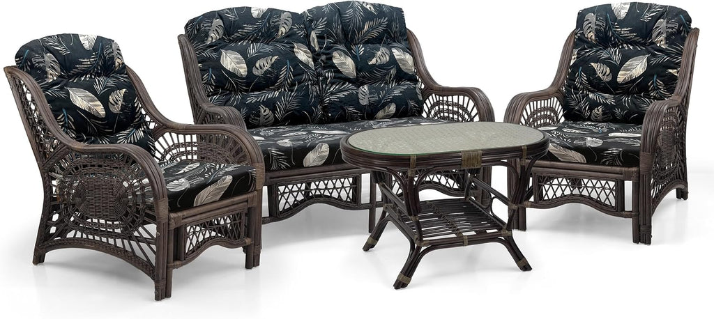 Malibu Lounge Living Accent Armchair Natural Rattan Wicker Handmade Design, Dark Brown with Black Leaf Cushion