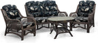 Malibu Lounge Living Accent Armchair Natural Rattan Wicker Handmade Design, Dark Brown with Black Leaf Cushion