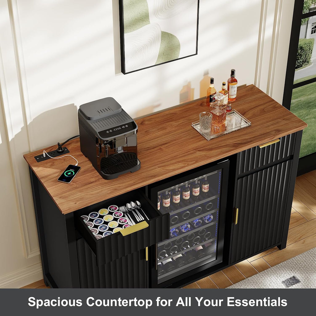 Coffee Bar with Mini Fridge Space & Charging Station, Modern Fluted Mini Fridge Cabinet, Large Bar Cabinet with Wine & Beverage Storage for Kitchen, Dining Room or Living Room